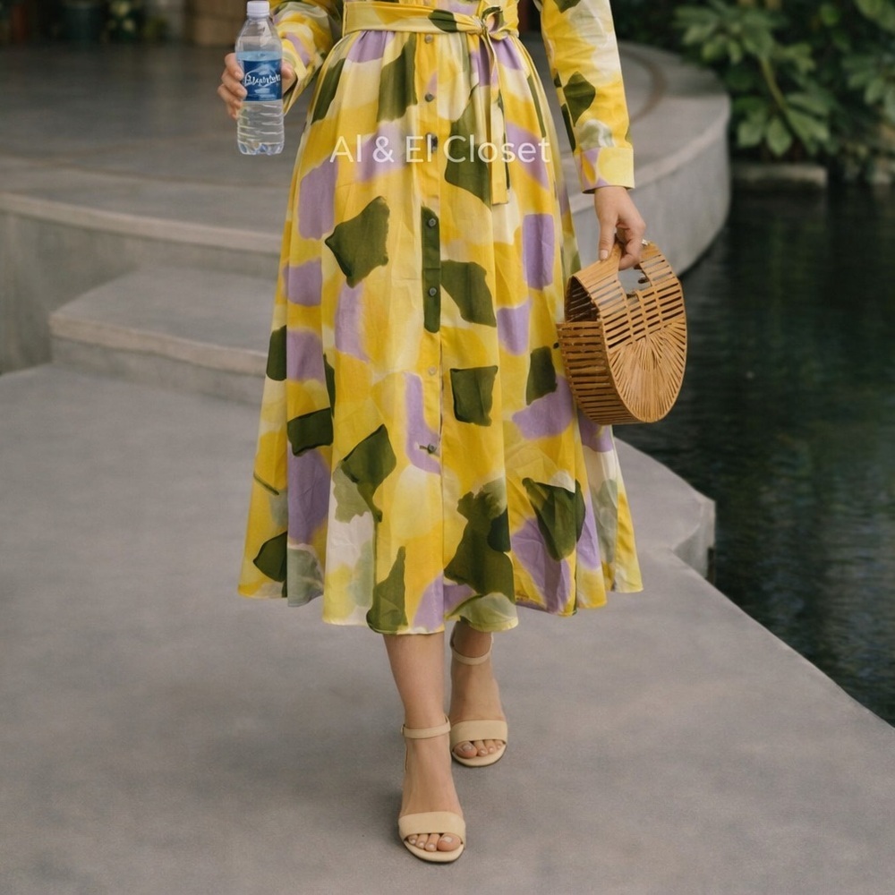 French Connection Long Shirt Dress Multicolor Abstract Print Size L New With Tag - Picture 3 of 12